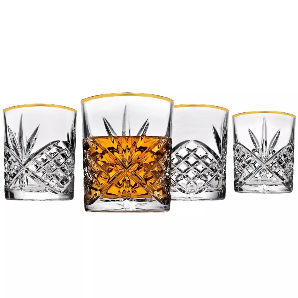 Double Old Fashioned Glasses Cups Gold Banded - Dublin Set of 4